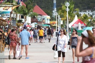 People walking by the Boardwalk in Philipsburg